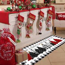 1 pièce Tapis de cuisine, de porte, de salle de bain, de chambre à coucher, de salle à manger, décoration de maison, décoration de fête, décoration de Noël, en matériau imitation cachemire doux avec motif d'arbre de Noël sur fond à carreaux noirs et gris, avec support en TPR, pour la décoration de Noël