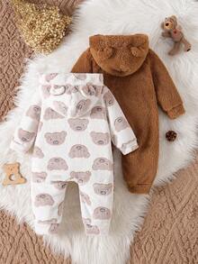2 件男婴可爱熊印花刺绣连帽羊毛拉链连体衣，秋冬 - 彩色 - 查看 2
