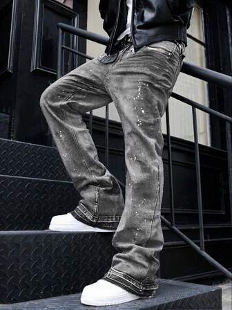 Slim Fit Stretch Denim Jeans, Distressed Washed Cotton Casual Jeans, Slant Pockets Washed Denim Trousers For Men, Lightweight Business Casual Straight Leg Jeans, Suitable For All Seasons