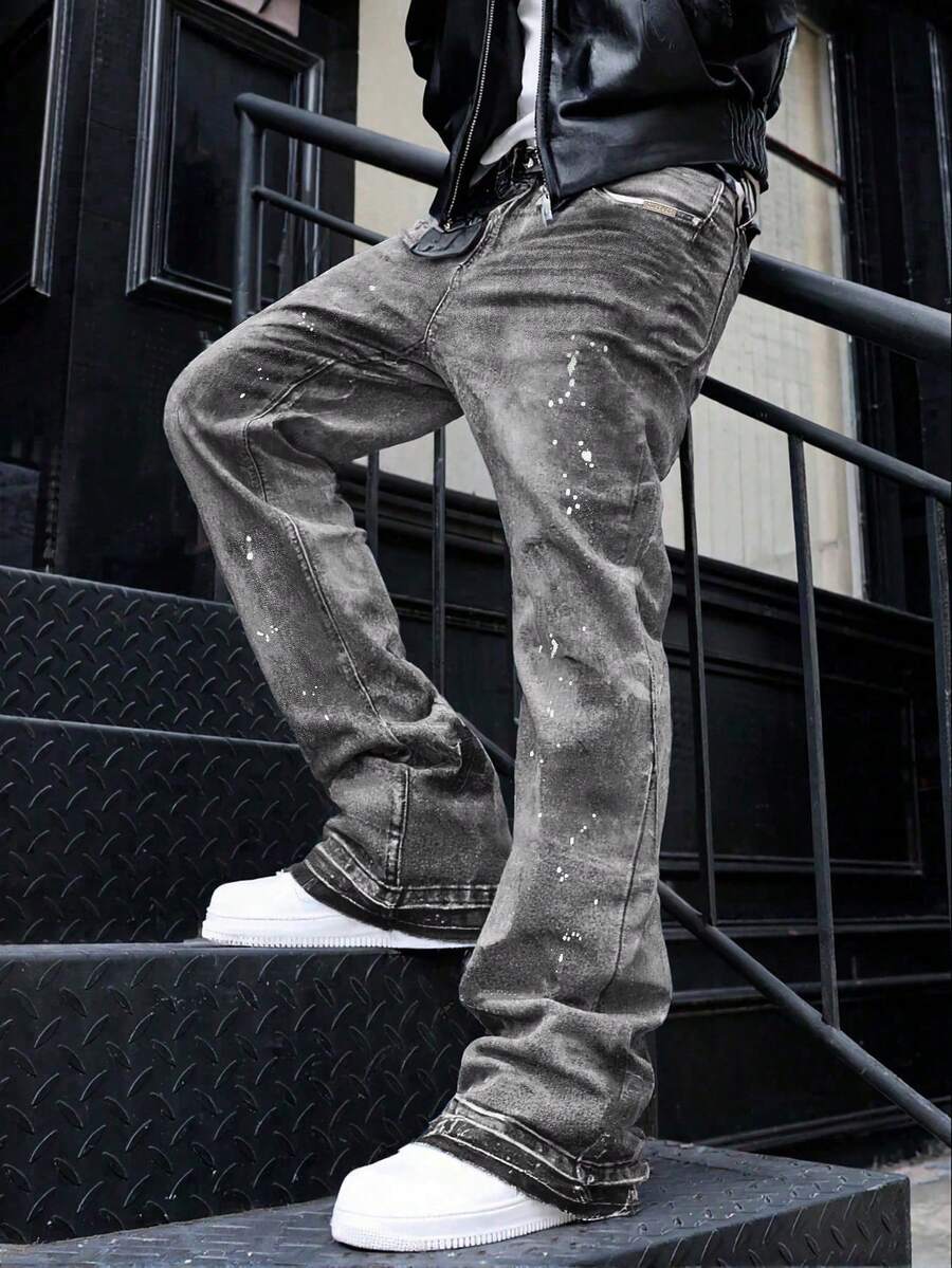 Slim Fit Stretch Denim Jeans, Distressed Washed Cotton Casual Jeans, Slant Pockets Washed Denim Trousers For Men, Lightweight Business Casual Straight Leg Jeans, Suitable For All Seasons - Grey - View 1