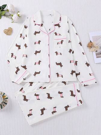 2pcs Cute Dachshund Dog Print Women Pajama Clothes Set, Autumn/Winter Long Sleeve Lapel Top And Elastic Waist Loose Pants, Casual Sleepwear And Loungewear Set For All Seasons