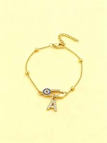 1pc New Fashion Pave Zirconia Eye Paper Clip Initial Gold Color Stainless Steel Bead Chain Bracelet For Women