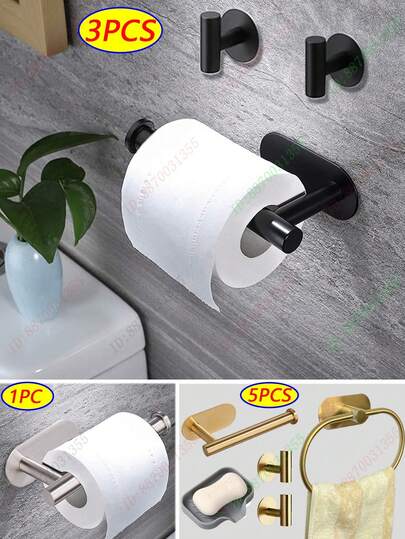 1/3/5件壁挂式卫生纸架、浴室卷纸架、浴室纸巾架、自粘式卷纸架、卫生间纸巾架、无需钻孔、纸巾架、吸水餐巾架、抹布架、浴室挂件、浴室收纳、浴室装饰、浴室五金设备、不锈钢、黑色、银色、金色、防水、含毛巾钩、毛巾环/架、肥皂盒、餐巾架、浴室卷纸架