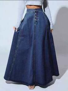女士中长款无弹力牛仔裙，休闲中长款牛仔裙