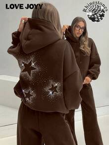LOVE JOYY Fashionable Loose Fit Hoodie Sweatshirt With Rhinestone Embellishment - Brown - View 1