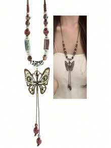 1pc Women's Bohemian Style Vintage Butterfly Pendant Multi-Layer Adjustable Handmade Beaded Necklace