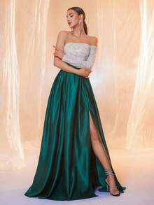 Apricot Green Patchwork Sexy Woven Off-Shoulder Single Sleeve High Slit Maxi Party Evening Dress - Green - View 5