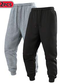 2pcs Men's Drawstring Waist Solid Color Long Sports Pants, Basic Black Fitness Pants - Multicolor - View 5