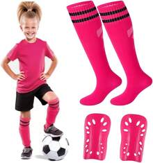 Espinilleras y calcetines de fútbol para niños pequeños, espinilleras ligeras y equipo de mangas, equipo protector para niños de 3 a 6 años de edad, juego deportivo para niños y niñas - Rosa - Ver 12