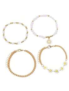 4-Piece Set New Design Gold Beaded Pearl Bracelet Set, Creative Bohemian Daisy Beach Bracelet For Women - 彩色 - 查看 4