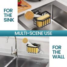 Sponge Holder With Strong Suction Cup, Dish Sponge Caddy Inside Sink Removable, Rustproof Aluminum Sponges, Brushes, Stoppers And Scrapers - Black