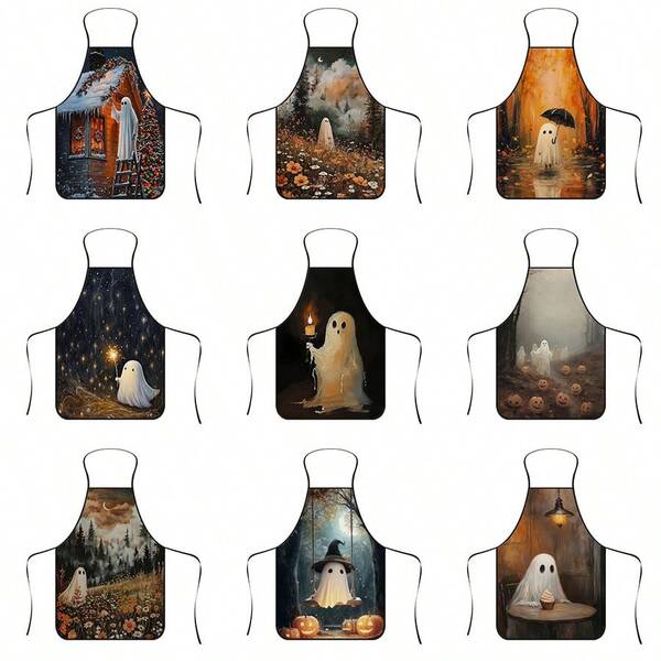 1pc Halloween Ghost Print Apron, Durable Polyester Material, Suitable For Cooking, Barbecue, Gardening, Painting, Manicure, Unisex, Indoor And Outdoor Use