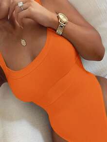 ChicMe U Neck Sleeveless Spaghetti Strap Ribbed Bodysuit Slim Fit Stretchy Basic Tank Top Classic Versatile Layering Shirt For Women