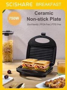 SCISHARE 1PC 23x23x7.5cm 750W Indoor Electric Grill & Panini Press | Super Non-Stick Ceramic Plate | EU Plug | Double-Sided Heating | Even Heat Distribution | Easy-To-Clean Indoor Grill For Steak, Veggies, BBQ & Gourmet Sandwiches, Compact Design, Perfect For Small Kitchens. - EU E Type Plug(220-240V) - View 12