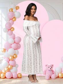 JustVH Maternity Elegant Lace Off Shoulder Flare Sleeve Dress Pregnant Women Bodycon Gown Evening Dress For Baby Shower, Photoshoot, Party