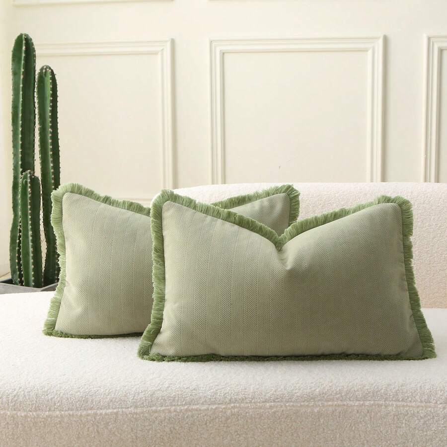 1pc Green Herringbone Pattern Tasseled Pillow Cover, Soft & Comfortable For Sofa, Bedroom, Home Decor, Farmhouse/Modern Style