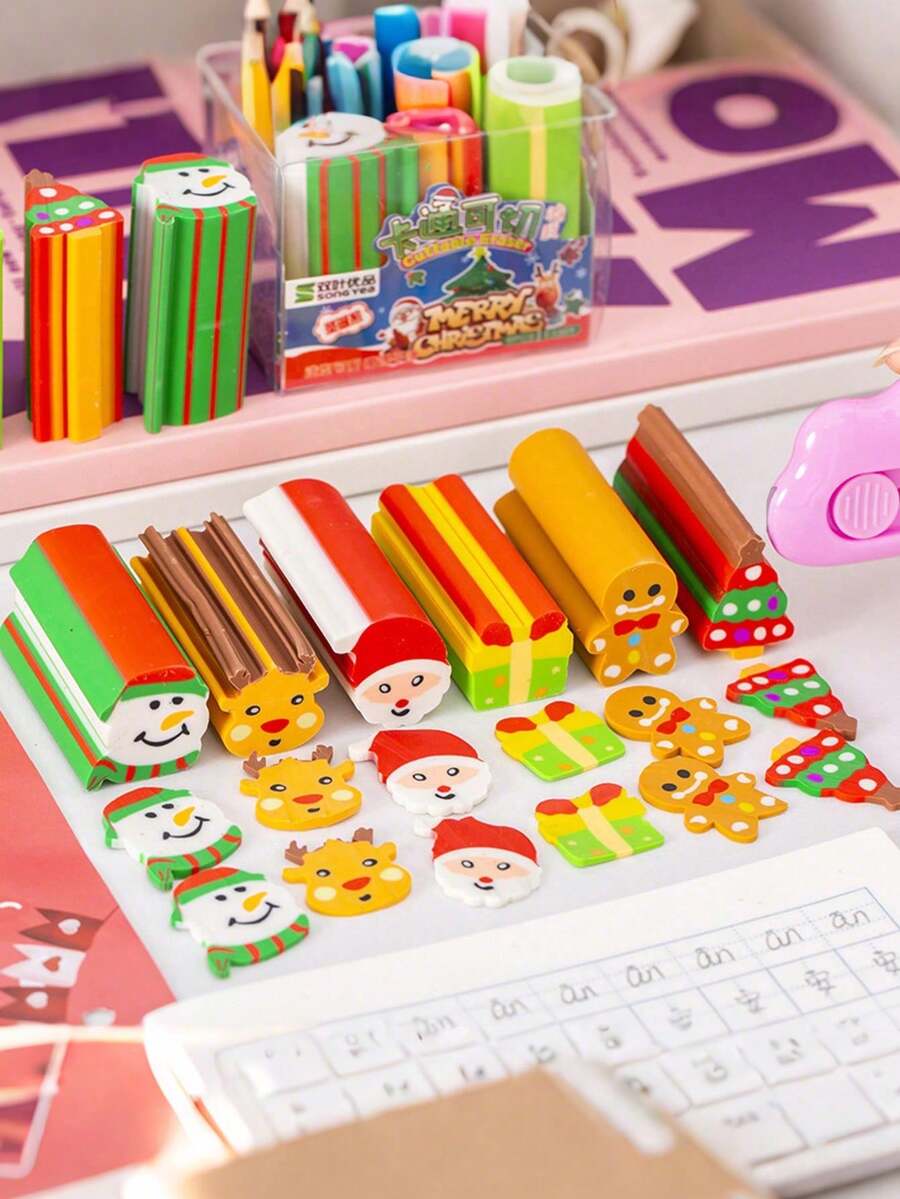 Set de 6 borradores de regalo de Navidad, premios y recompensas, caja de borradores divertidos y lindos, adecuados para recompensas en el aula, premios, recuerdos de fiesta, relleno de bolsas de regalo, escuela, oficina, hogar