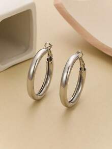 1pair Ladies' Gold-Color Circle Tube C Shape Hoop Earrings - Vàng - Xem 7