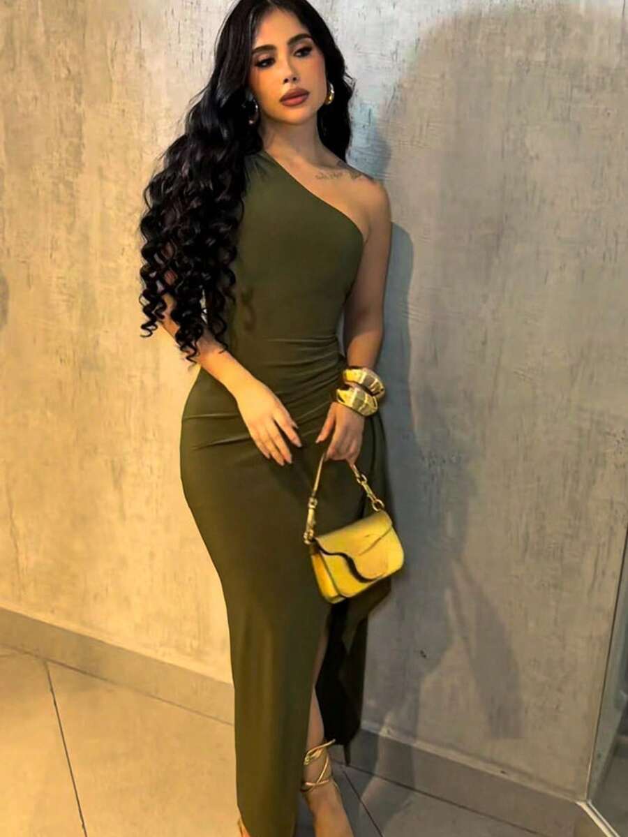 Wedding Dress, Mule, Strap, With Slit On The Leg, Side Neckline, Smooth Suplex, Elegant, Sophisticated, Parties, Fashion, Blogger, Promotion 2025, Open Back, Neckline, Butt Lift, Chic, Basic, Day And Summer Fashion - xanh quân đội - Xem 1