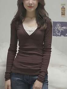 Fairy Grunge Y2K Shirts For Women Long Sleeve Lace Patchwork Tees Tops Teen Girls Aesthetic Vintage Slim Blouse Fall Clothes - Màu nâu Sô-cô-la - Xem 1