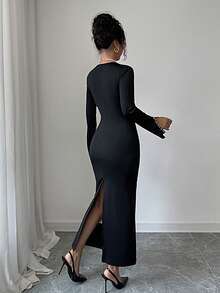 Women's Autumn/Winter New Stylish Pearl Detail Square Neck Long Sleeve Midi Dress, Knitted Fabric Fitted Slimming