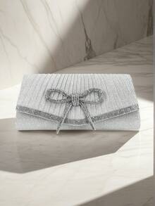 Bolsas de Festa Noturna Femininas em Veludo com Design de Envelope, Laço na Cor Prata, Pedras de Strass, Cobertura Pequena com Corrente de Ombro, Adequadas para Casamento, Baile de Formatura e Outras Ocasiões