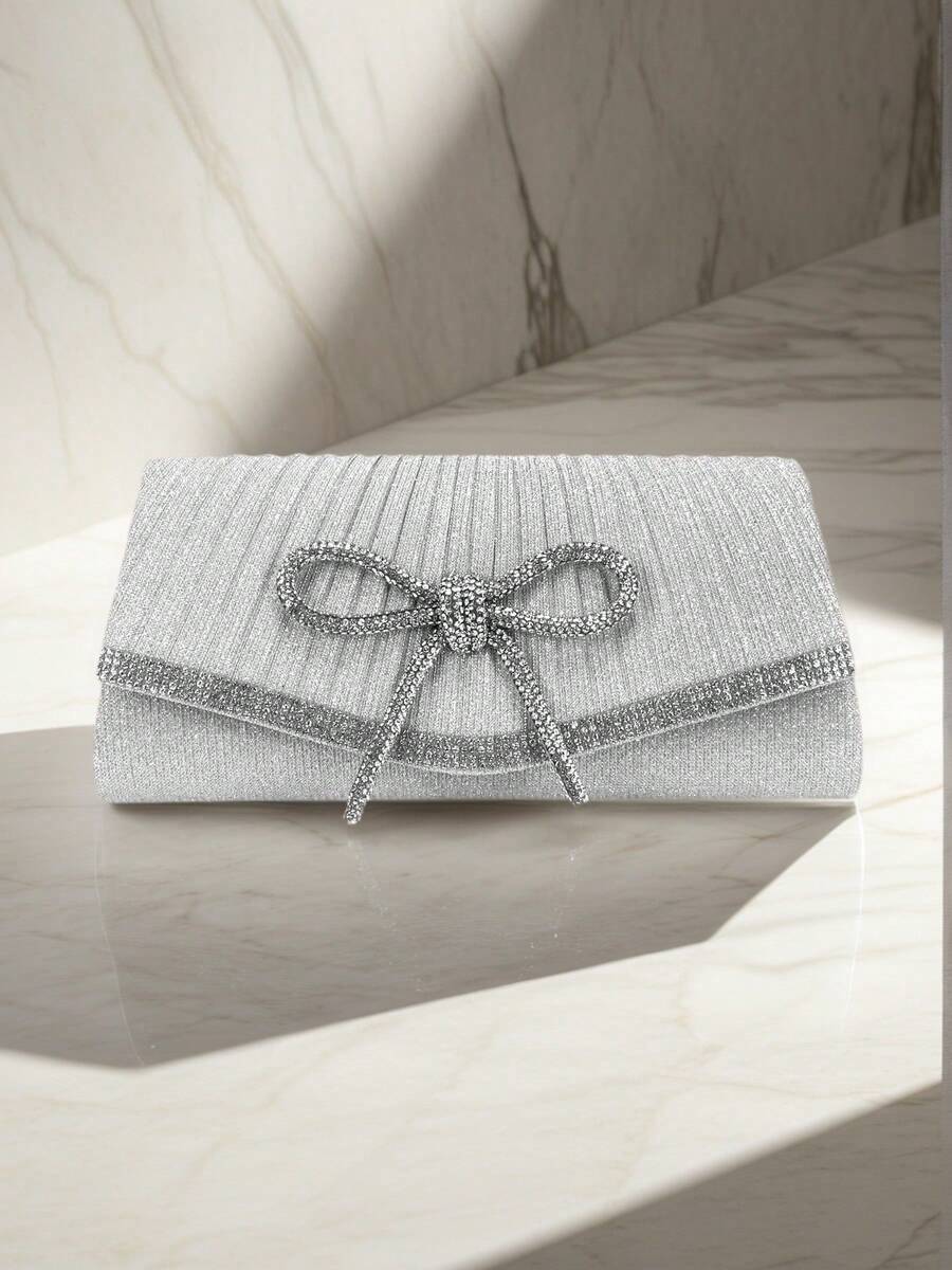 Bolsas de Festa Noturna Femininas em Veludo com Design de Envelope, Laço na Cor Prata, Pedras de Strass, Cobertura Pequena com Corrente de Ombro, Adequadas para Casamento, Baile de Formatura e Outras Ocasiões