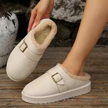 1 Paar hellfarbige Kunstvelours Stiefel mit Metallschnalle, flauschiger Borte und dicker Sohle für Damen, warm und modisch für Herbst/Winter Alltagsmode