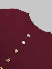 复古时尚金属纽扣前开纯色长袖圆领薄开衫，修身优雅简约休闲针织毛衣，适合女士，春秋冬 - 酒紅色 - 查看 5