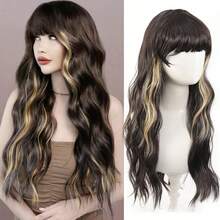 Peluca sintética con flequillo, fibra resistente al calor, mujer, color marrón oscuro con reflejos dorados, onda de agua, postizo para uso diario, fiestas y Halloween