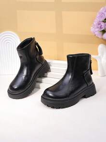 1 Pair Girls Boots 2025 New Style, Children Short Boots, Back Zipper Decor Glossy Material, Anti-Slip Thick Sole, Round Toe Mid-Calf, Retro British Style Boots, Suitable For School/Street Wear In Autumn/Winter