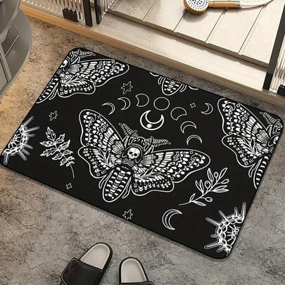 1pcs, Retro Death Moth And Hand-Painted Sun Moon Halloween Skull Decoration Anti-Slip Machine Washable Non-Fading, Suitable For Living Room, Game Room, Bedroom, Entrance Hall Corridor, Bathroom, Kitchen, Farmhouse Non-Slip Floor Mat, Tapestry, Home Decoration