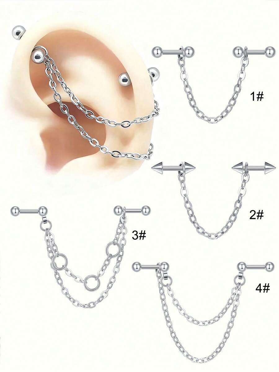 CIZME 1pc Chain Industrial Barbell Piercing Earring, 16G Stainless Steel, Unisex Cartilage Stud, Dangle Conch Daith Helix Tragus Piercing Jewelry For Woman Man Gift