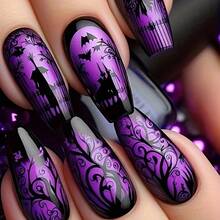 Halloween Best-Seller Ballet-Shape Press On Nails |   Dark Night Purple Glow, Elegant Castle Design, Removable 24-Piece Set