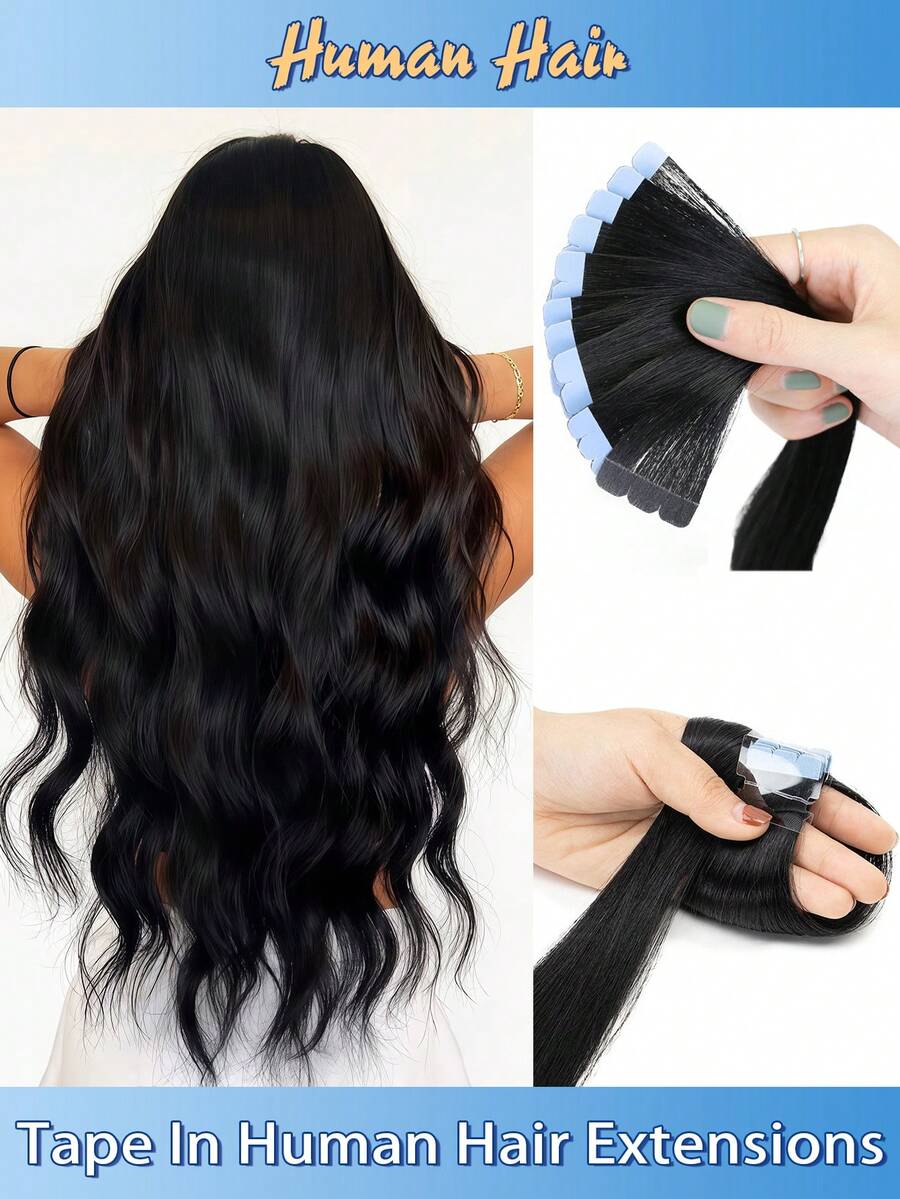 VADES 20 Pieces Halloween Mini Tape-In Hair Extensions Real Human Hair Straight Texture Natural Black Brown 12-20 Inches Real Remy Human Hair Extensions Mini Tape-In Hair Real Human Hair Tape-In Hair Extensions Italian - 01Jet Black - 查看 1