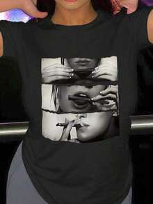 Summer Short Sleeve Round Neck Graphic Print-Shirt Graphic-Shirts Women Loose And Comfortable Tops - 黑色 - 查看 1