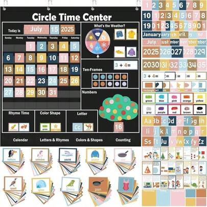 Pasimy 284 Pcs Circle Time Learning Center Classroom Pocket Chart Boho Circle Time Calendar Learning Math Calendar Weather Color Shape For Home Classroom Decoration Back To School Supplies