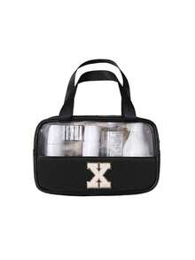 1个透明PU/PVC字母形防水旅行洗漱包，拉链化妆品收纳袋，带便捷提手的便携式化妆包 - 黑色 - 查看 32