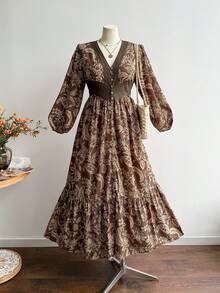 Rusttydustty Đầm maxi dài màu nâu in họa tiết retro kiểu Bohemian dành cho nữ cỡ lớn, thích hợp cho tiệc trà, du lịch hàng ngày, đi nghỉ mát, cổ chữ V, viền bèo nhún, eo cao, phù hợp cho tiệc năm mới và những dịp trang trọng. - màu nâu - Xem 6