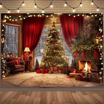 A Christmas Backdrop Cloth Featuring A Classic Christmas Stove With Vintage Red Curtains, Christmas Tree, Candle Holder, Wreath, Stockings, And Warm Golden Decorations. Perfect For Indoor And Outdoor Birthday, Christmas, Cake Table Decorations, Party Photography Backgrounds, And Christmas Party Supplies.