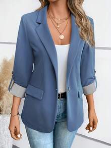 Autumn Blazers 2025 Women's Formal Plain Long Sleeve Shawl Collar Pockets Office Lady Blazers - 藍色 - 查看 1