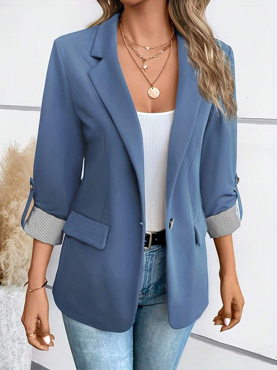 Autumn Blazers 2025 Women's Formal Plain Long Sleeve Shawl Collar Pockets Office Lady Blazers - 藍色 - 查看 1