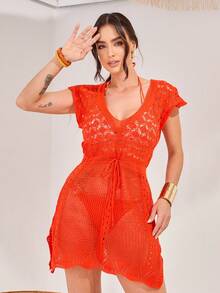 Women's Beach Cover-Up With Waistband, Slit, Short Sleeve, Crochet Knit, Summer Fashion, Pool - trái cam - Xem 1