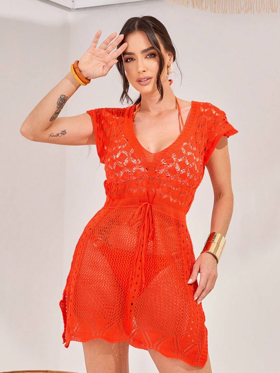Women's Beach Cover-Up With Waistband, Slit, Short Sleeve, Crochet Knit, Summer Fashion, Pool - trái cam - Xem 1