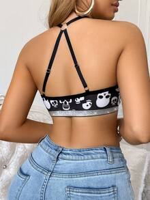 Women's Halloween Personalized Skull Print Cross Heart Strap Lace Bra - Black - View 2