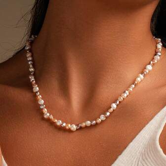 1pc Romantic Multi-Color AAA 5-6mm Baroque Freshwater Pearl Necklace, Valentine's Day Gift