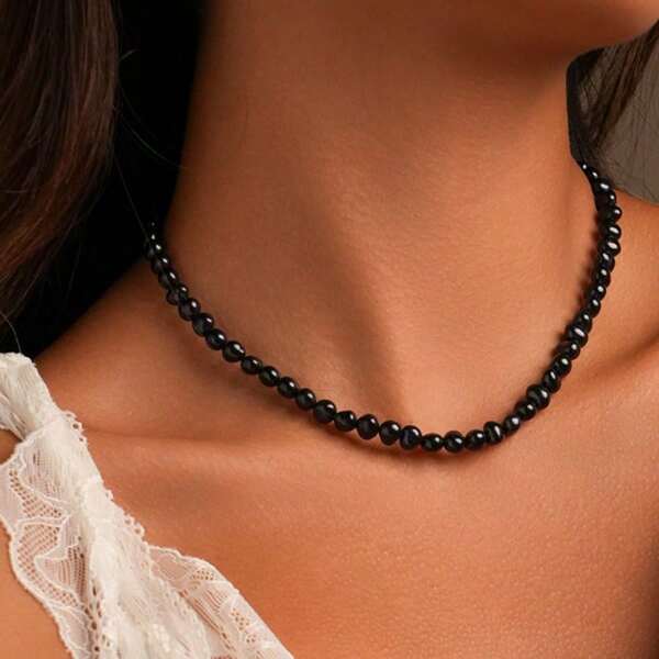 1pc Fashionable Black AAA 5-6mm Baroque Freshwater Pearl Necklace, Formal Dress Necklace
