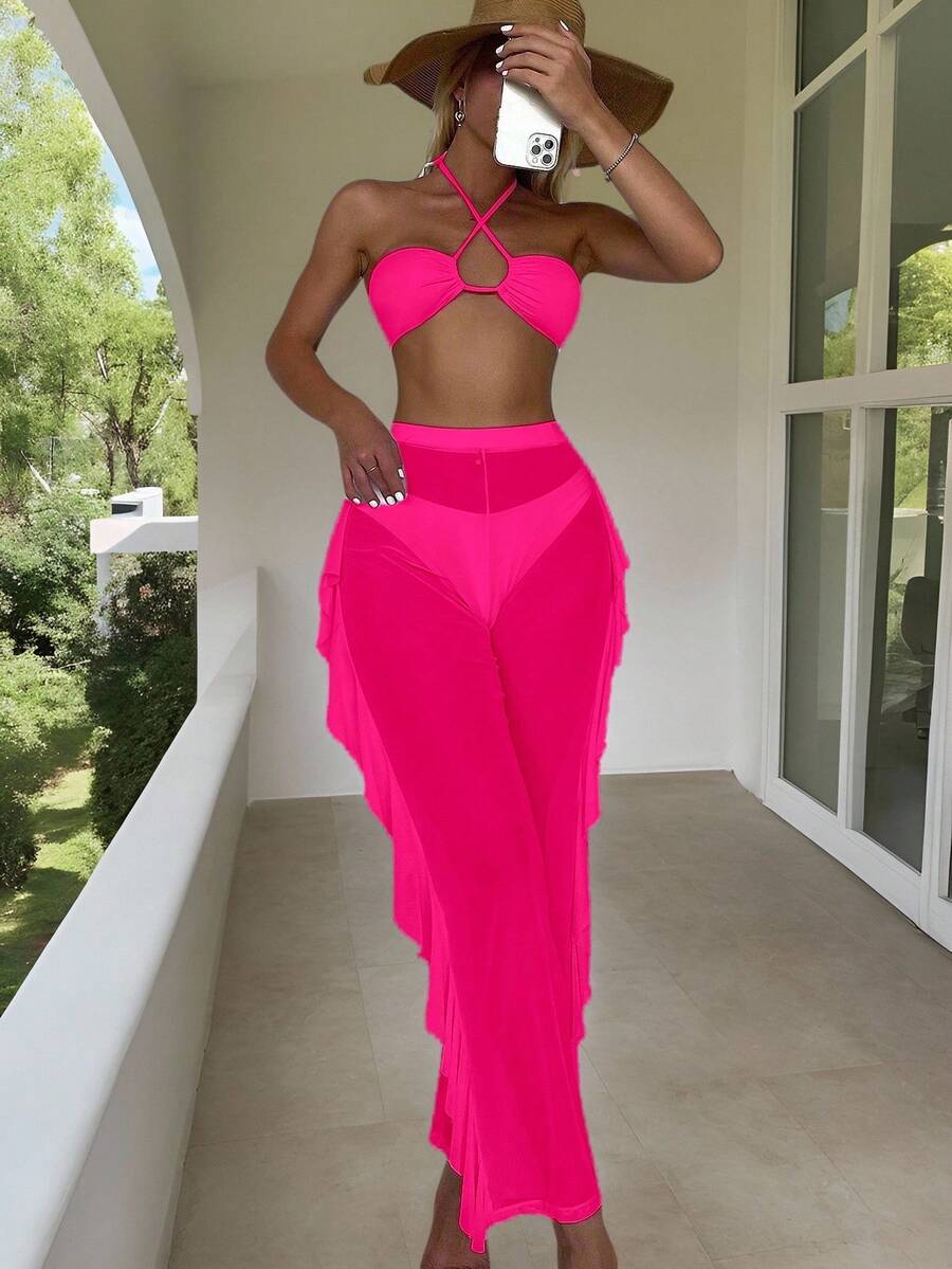 3 piezas Bañador bikini halter simple con tira cruzada & Pantalones cover up - Rosa Fucsia - Ver 1