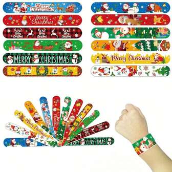 1 套/1 件圣诞快乐拍击手镯随机混合拍击带 PVC 卡通圆圈玩具圣诞礼物，圣诞拍击手镯，圣诞圣诞老人驯鹿按扣手镯腕带，适用于圣诞袜填充袋填充派对，产品颜色将任意分配，产品中某些部件的颜色可能会有所不同