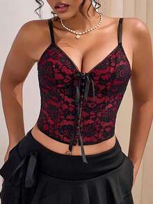 Y2K风格束身衣上衣蕾丝花卉刺绣露胸短款吊带背心网纱钩前蝴蝶结装饰可调节肩带露背系带束腰塑身衣，适合女性万圣节服装、锐舞节穿搭 - 黑紅色 - 查看 4